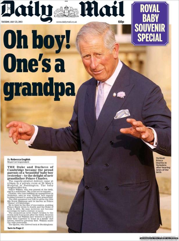 Titelseite der Daily Mail über die Geburt des königlichen Babys und Prinz Charles als Großvater.