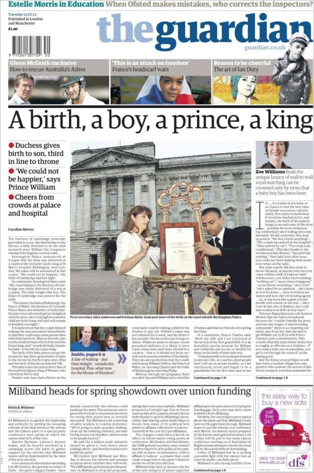 Titelseite des Guardian vom 23. Juli 2013 mit der Schlagzeile „A birth, a boy, a prince, a king“.