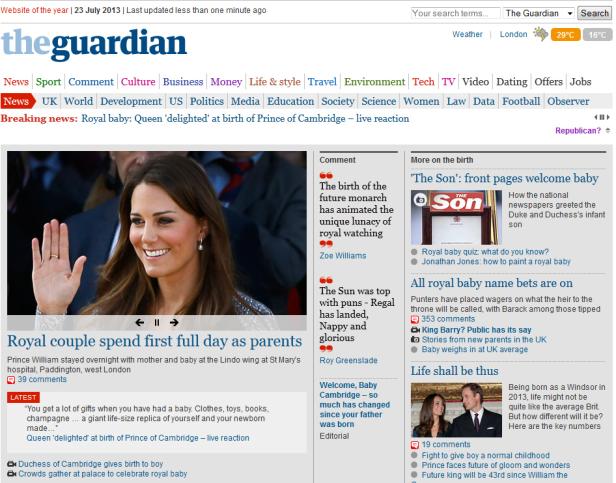 Titelseite von The Guardian mit einem Artikel über die Geburt des königlichen Babys.