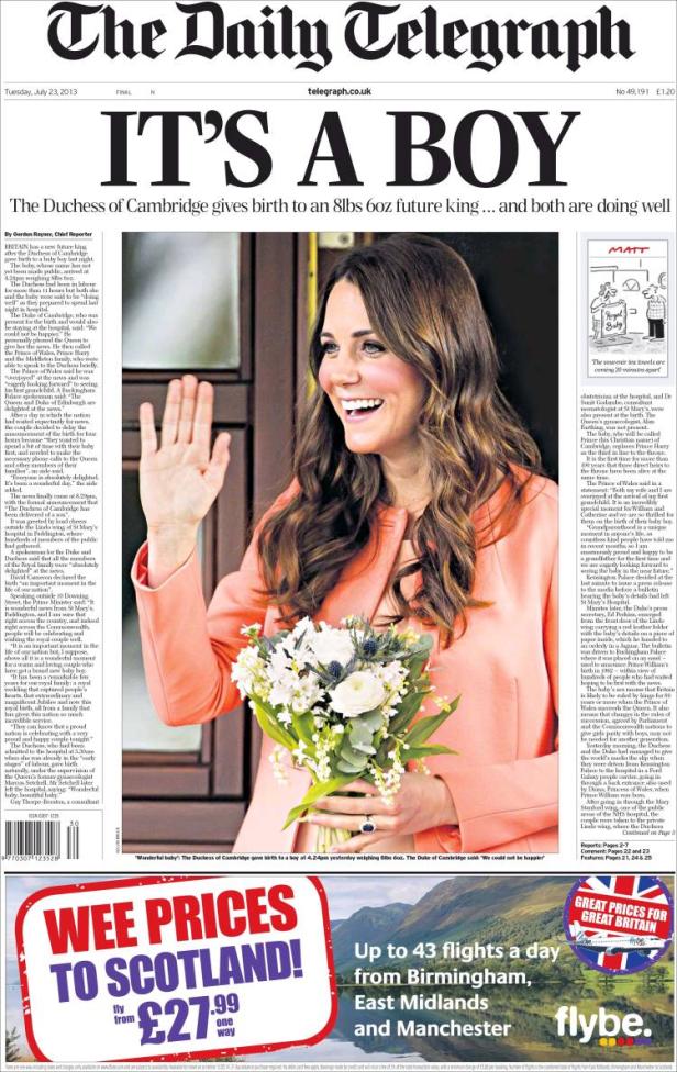Titelseite des Daily Telegraph: Die Herzogin von Cambridge hat einen Sohn zur Welt gebracht.