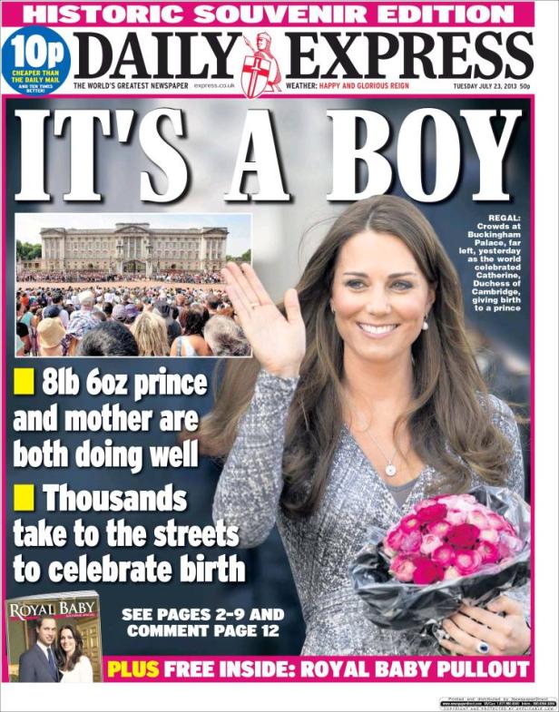Titelseite des Daily Express vom 23. Juli 2013 mit der Schlagzeile „It’s a Boy“ anlässlich der Geburt von Prinz George.