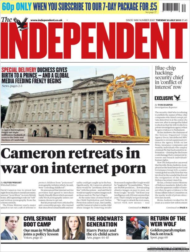 Titelseite des Independent vom 23. Juli 2013 mit Schlagzeilen zu Politik und Gesellschaft.