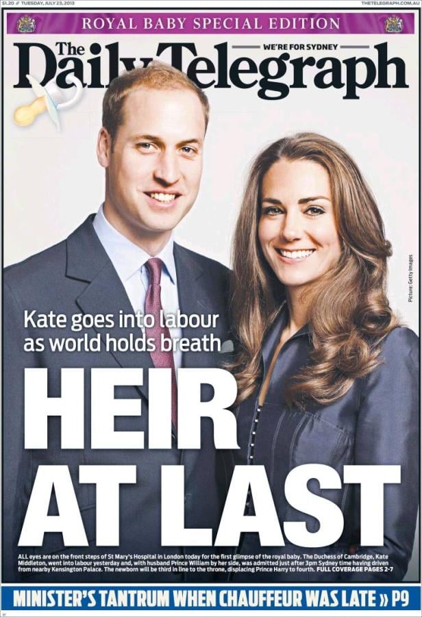 Titelseite des Daily Telegraph zur Geburt des königlichen Babys mit Kate und William.