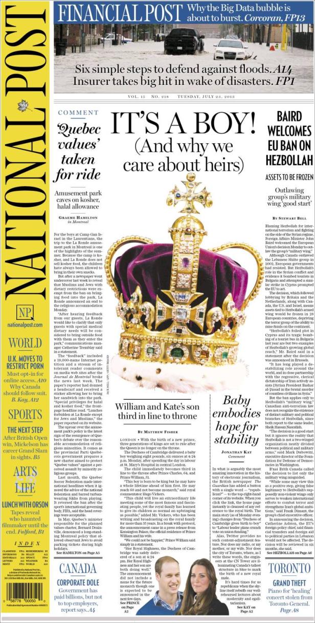 Titelseite des National Post vom 23. Juli 2013 mit einer Krone und Schlagzeilen.