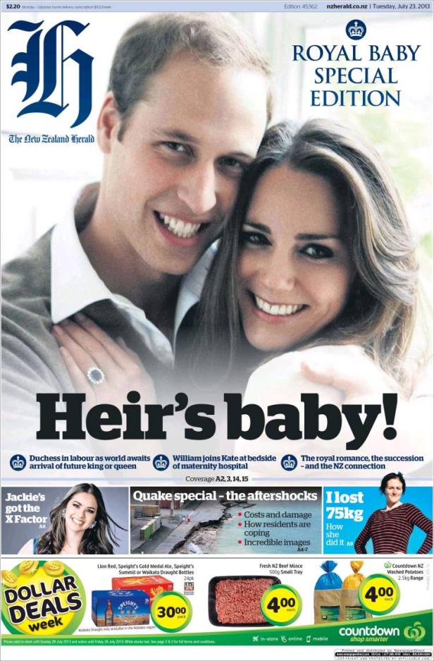 Titelseite des New Zealand Herald zur Geburt des königlichen Babys.