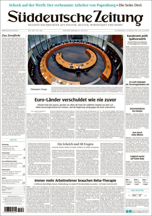 Titelseite der Süddeutschen Zeitung vom 23. Juli 2013.