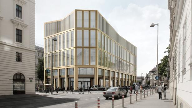 Ein modernes Bürogebäude mit goldenen Akzenten in einer Wiener Stadtlandschaft.