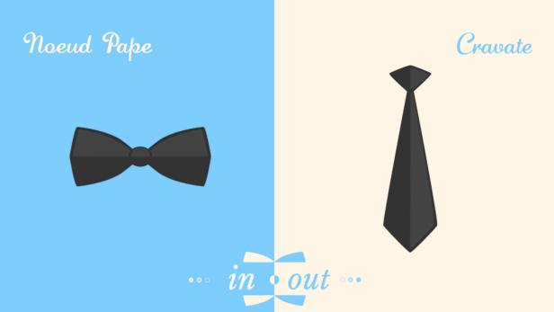 Eine Grafik, die Fliege und Krawatte gegenüberstellt, mit dem Hinweis, dass die Krawatte „in“ ist.