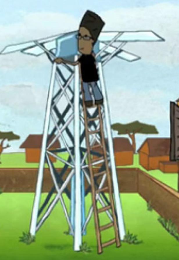 Eine animierte Figur steht auf einer Leiter an einem Wasserturm in einem Dorf.