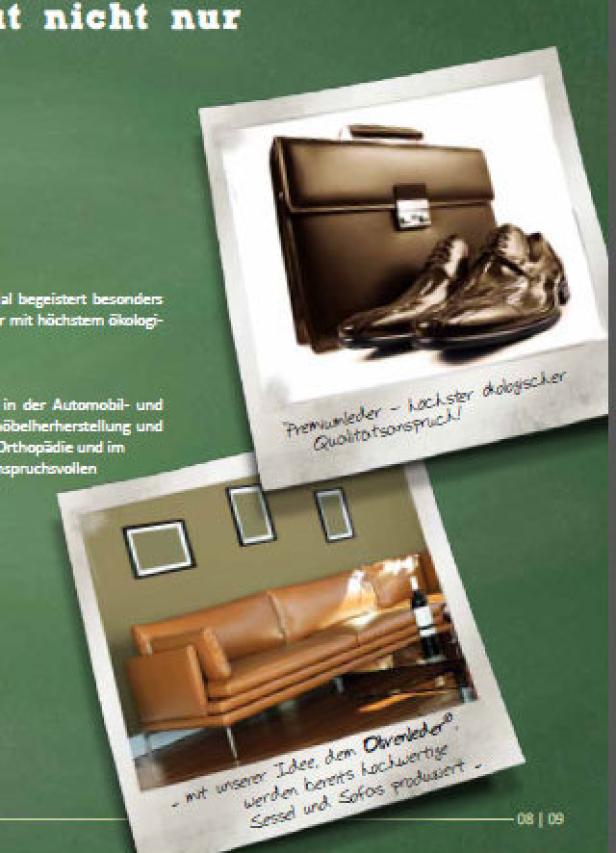 Eine braune Aktentasche und Schuhe sowie ein Ledersofa werden gezeigt.