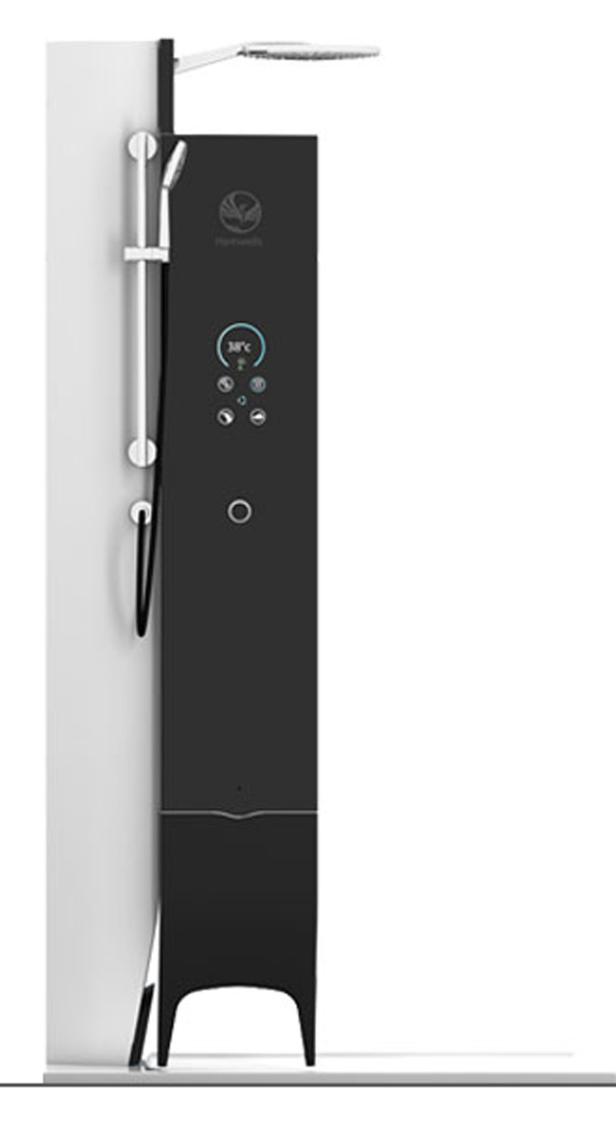 Eine moderne Duschkabine mit digitaler Steuerung und verschiedenen Duschköpfen.