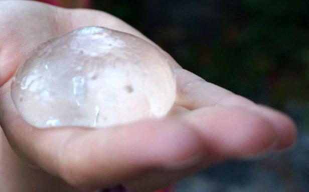 Eine durchsichtige, gallertartige Kugel liegt in einer Hand.