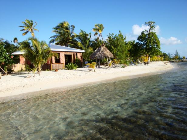 Ein Strand mit Palmen, einer Hütte und klarem Wasser an einem sonnigen Tag.