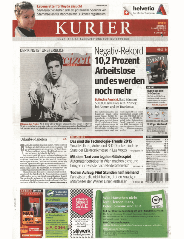 Titelseite der österreichischen Tageszeitung Kurier vom 3. Jänner 2015.