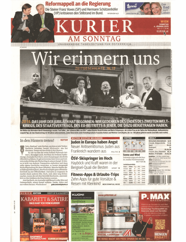 Titelseite des „Kurier am Sonntag“ vom 4. Jänner 2015 mit Artikeln zu Politik, Zeitgeschichte und Kultur.