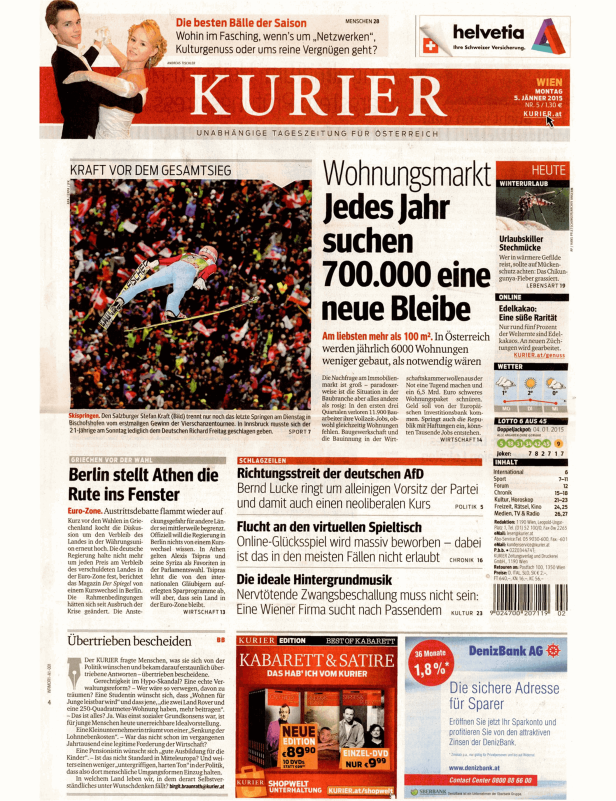 Titelseite der Zeitung „Kurier“ vom 5. Januar 2015 mit Artikeln zu verschiedenen Themen.
