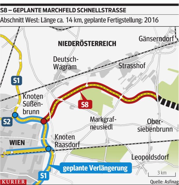 Deutsch Wagram… Eine Karte der geplanten Marchfeld Schnellstraße S8 in Niederösterreich.