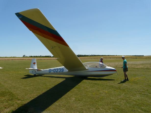 Ein Segelflugzeug mit der Kennung D-0239 steht auf einem Flugfeld.
