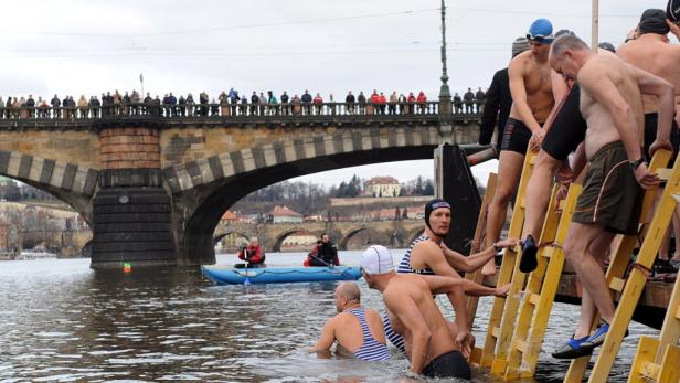 Hartgesottene Prager Winterschwimmer