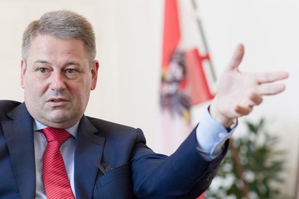 Ein Mann in Anzug und Krawatte gestikuliert vor einer österreichischen Flagge.