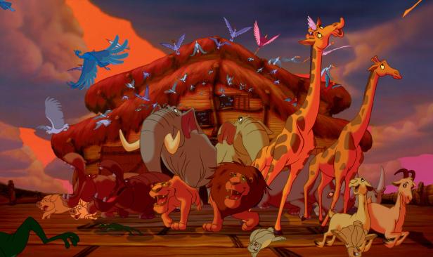 Eine Arche, auf der sich viele verschiedene Tierarten wie Elefanten, Giraffen, Löwen und Vögel befinden.