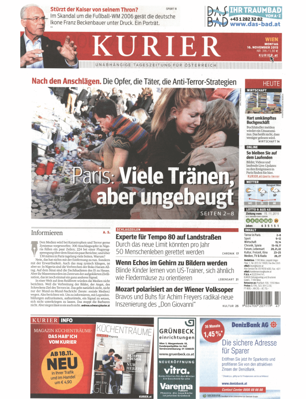 Titelseite des Kurier vom 16. November 2015 mit dem Titelthema „Paris: Viele Tränen, aber ungebeugt“.