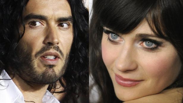 Porträts von Russell Brand und Zooey Deschanel nebeneinander.