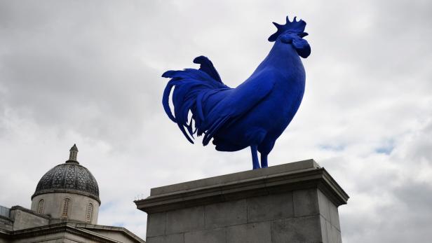 Eine blaue Hahn-Skulptur steht auf einem Sockel vor einem Gebäude mit Kuppel.