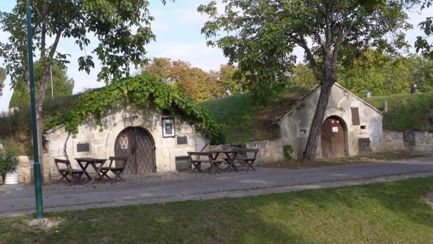 Zwei Weinkeller mit Tischen und Bänken davor an einem sonnigen Tag.