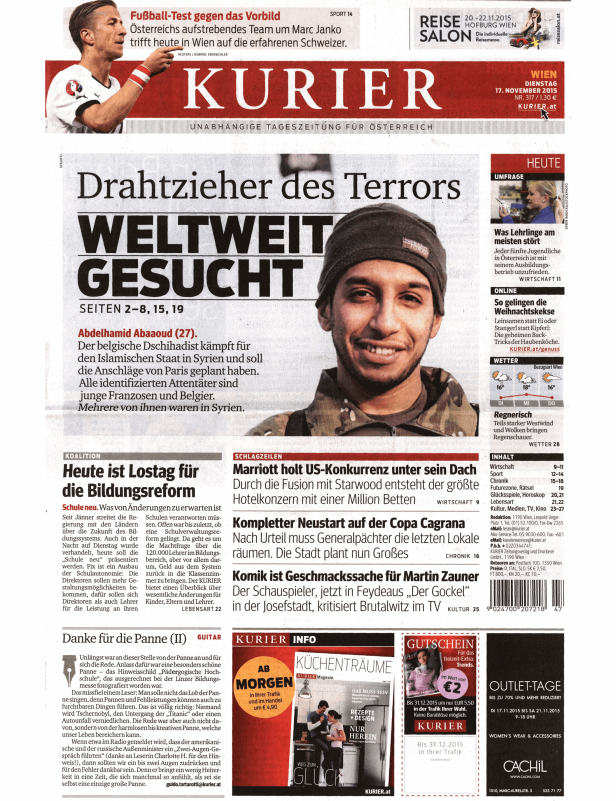 Titelseite des Kurier vom 17. November 2015 mit einem Artikel über Abdelhamid Abaaoud.
