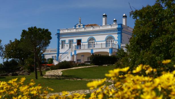 Ein weißes Haus mit blauen Akzenten und einem gepflegten Garten im Vordergrund.