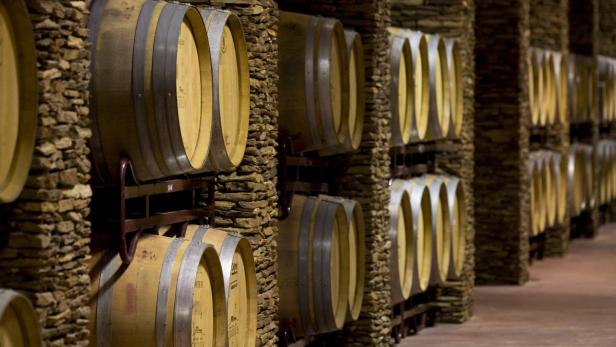 Viele Weinfässer lagern in einem Kellerraum mit Steinwänden.