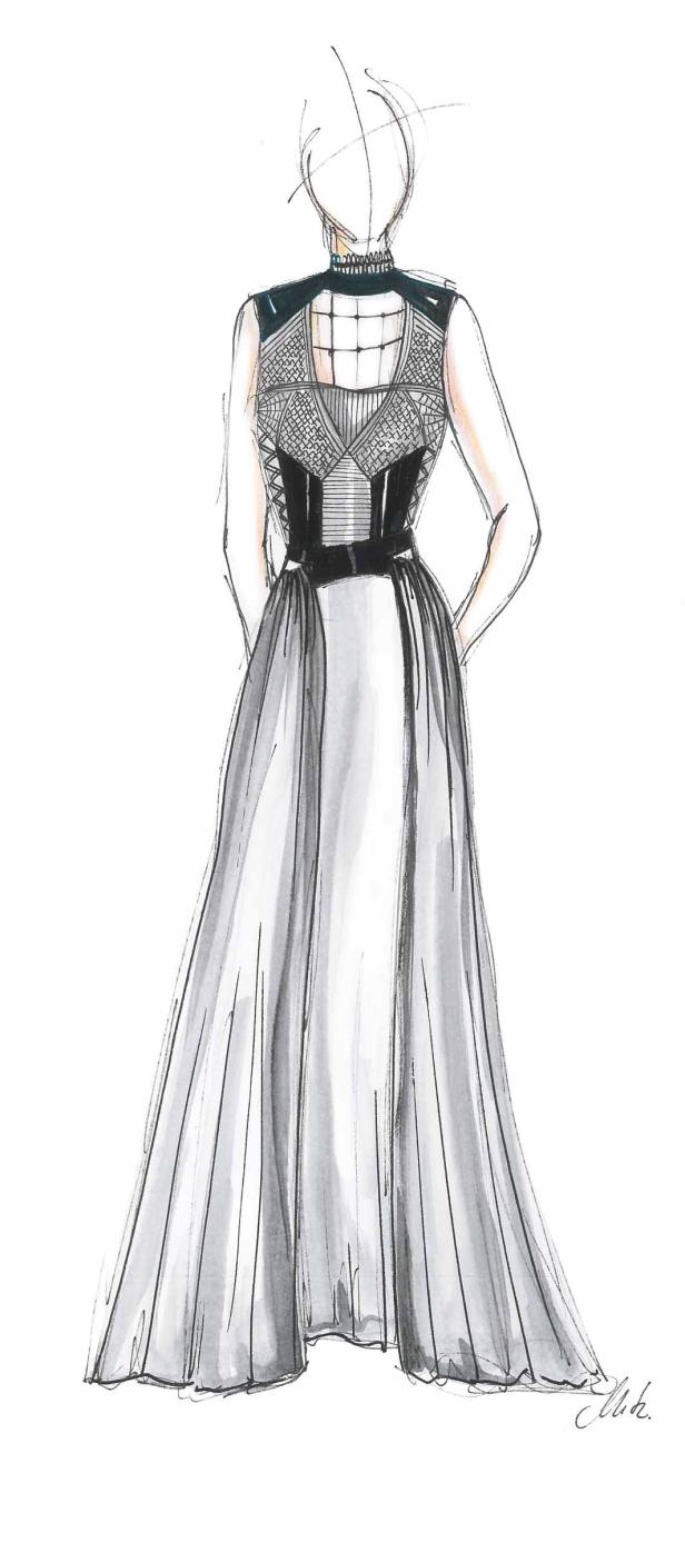 Eine Skizze eines langen, eleganten Kleides mit detailliertem Oberteil.