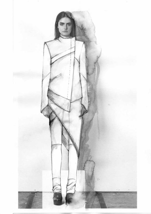 Eine Frau präsentiert ein avantgardistisches, weißes Outfit mit geometrischen Mustern.