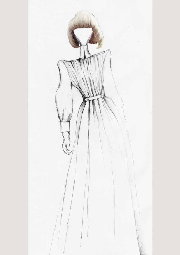 Eine Skizze eines langen, eleganten Kleides mit Puffärmeln und Gürtel.