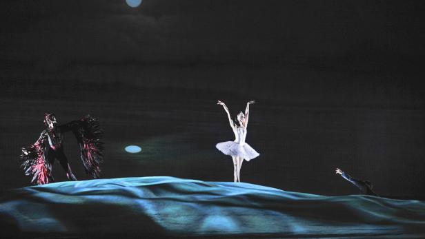 Eine Szene aus dem Ballett „Schwanensee“ mit einem weißen und einem schwarzen Schwan.