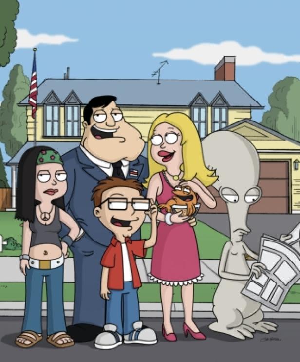 Die Familie Smith aus der Zeichentrickserie „American Dad“ posiert vor ihrem Haus.