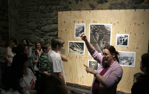 Eine Frau erklärt einer Gruppe von Menschen Fotos an einer Holzwand.