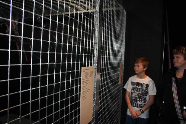 Ein Junge und eine Frau betrachten ein Gitter mit einem Objekt dahinter.