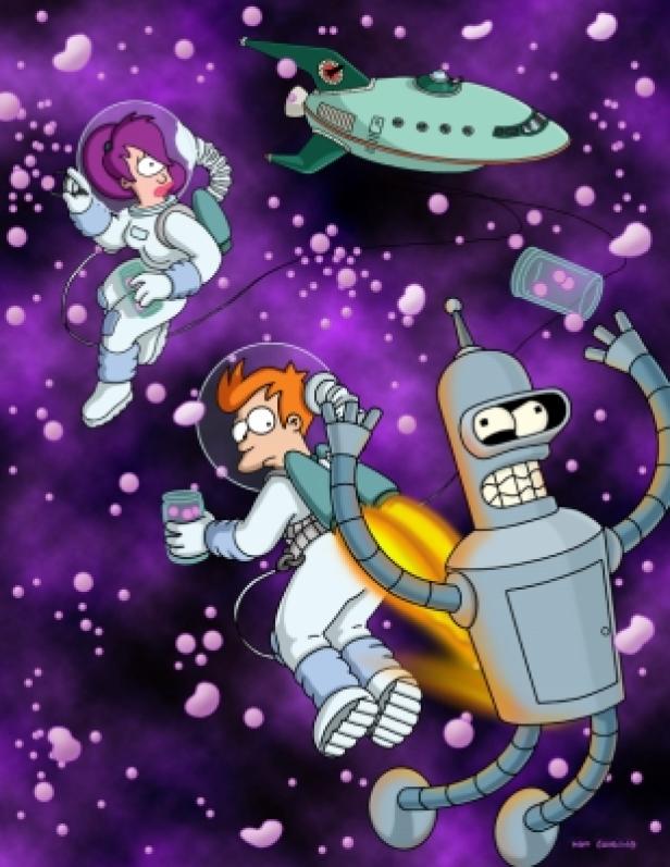 Eine Szene aus der Zeichentrickserie Futurama mit Fry, Leela, Bender und dem Raumschiff im Weltraum.