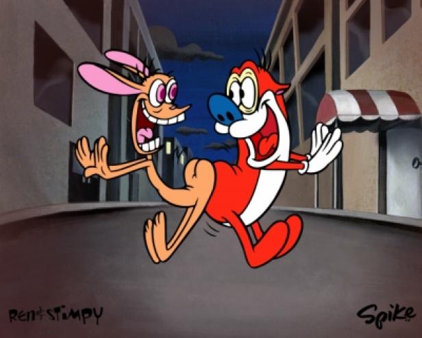 Ren und Stimpy rennen aufgeregt eine Straße entlang.