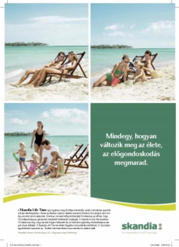 Skandia-Kampagne Ungarn/TBWA\Wien Familien entspannen sich an einem sonnigen Strand mit türkisfarbenem Wasser.