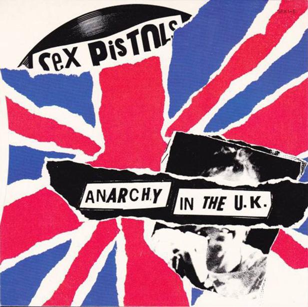 Das Cover der Single „Anarchy in the U.K.“ der Sex Pistols vor dem Hintergrund der britischen Flagge.