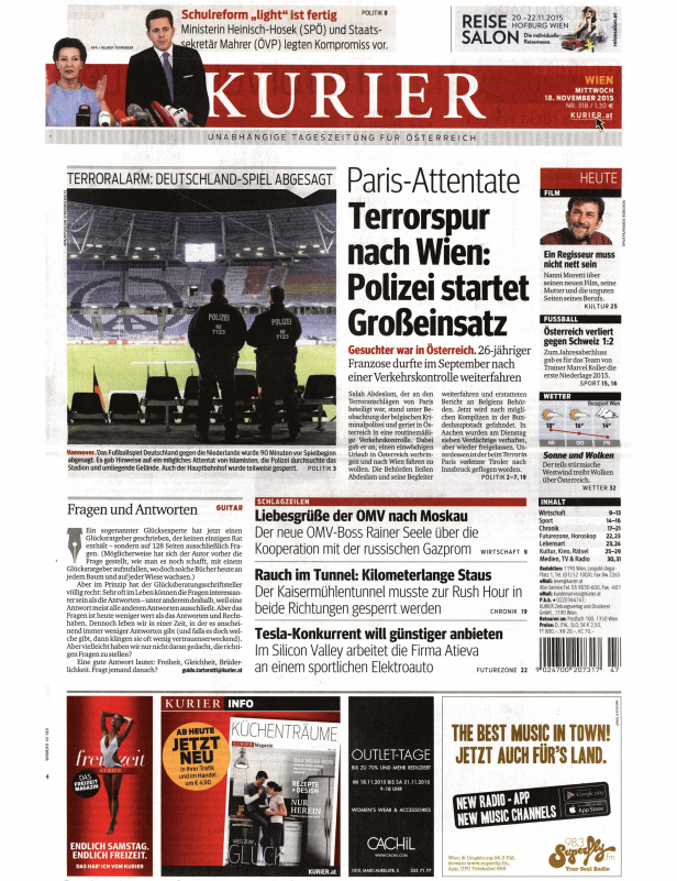 Titelseite des Kurier vom 18. November 2015 mit Schlagzeilen zu Terrorismus und Innenpolitik.
