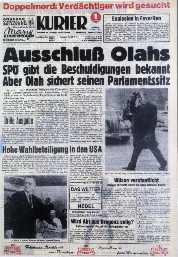 Titelseite des „Kurier“ vom 4. November 1964 mit Artikeln über Franz Olah und hohe Wahlbeteiligung in den USA.