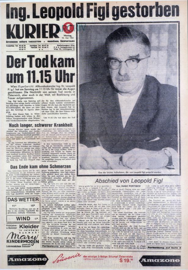 Titelseite des „Kurier“ vom 10. Mai 1965 mit der Schlagzeile „Ing. Leopold Figl gestorben“ und einem Porträt des Politikers.
