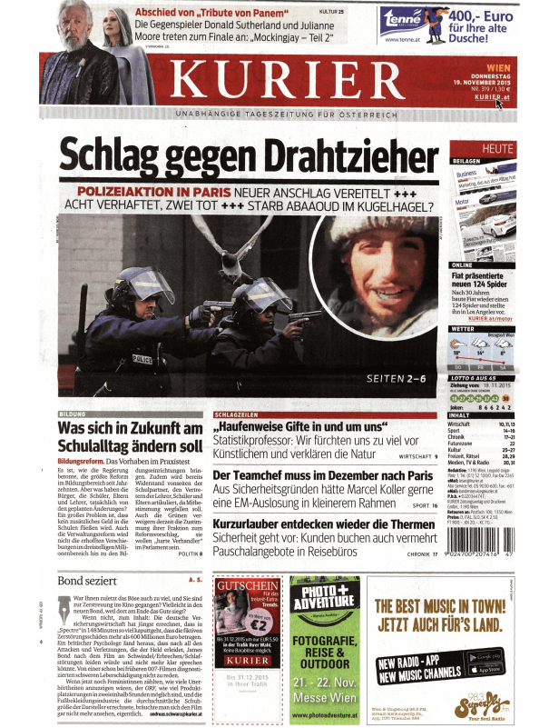 Titelseite des Kurier vom 19. November 2015 mit dem Titel „Schlag gegen Drahtzieher“ und einem Bild von Polizisten in Paris.