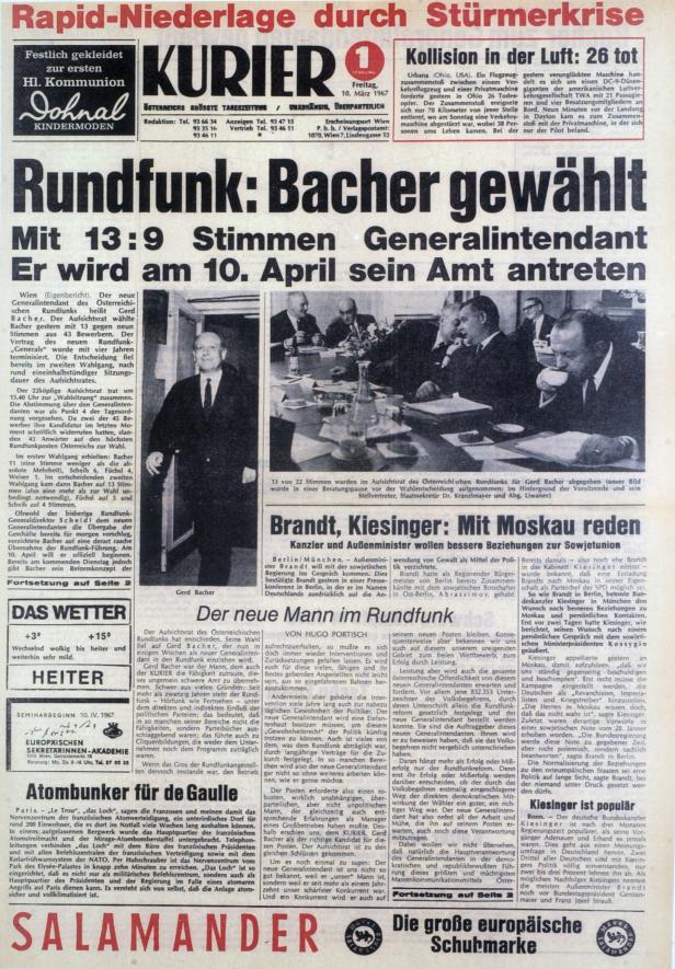 Titelseite des „Kurier“ vom 10. März 1967 mit der Schlagzeile „Rundfunk: Bacher gewählt“.