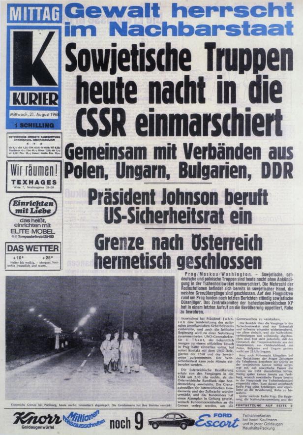 Titelseite des „Kurier“ vom 21. August 1968: Sowjetische Truppen marschieren in die CSSR ein.
