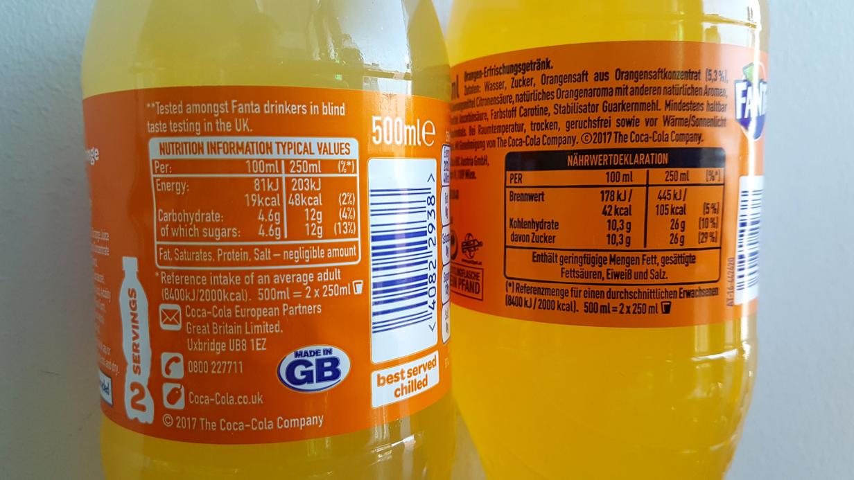AKTest Fanta enthält in Österreich mehr Zucker als in England